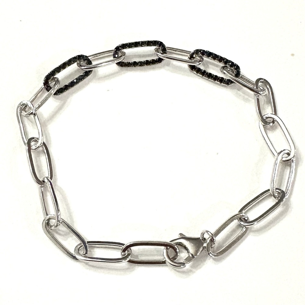 925 Sterling Silver Paper Clip Chain Bracelet Black Cz Links, 6mm / 7 In"